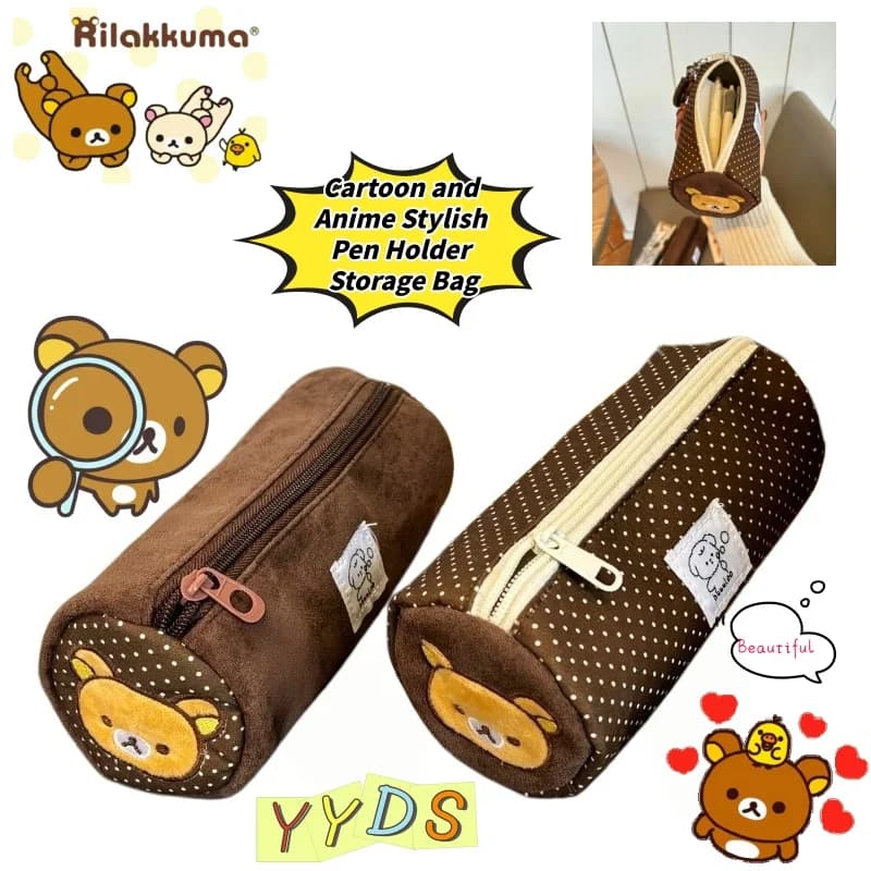 Cute Anime Embroidery Rilakkuma Cylindrical Pen Bag Ins Style Large Capacity Fashionable Portable Stationery Storage Bag Gift
