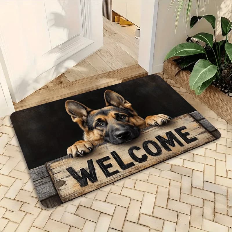 Tappeto d'ingresso rustico in poliestere con motivo Pastore Tedesco, morbido e rettangolare, per interni ed esterni, con cuscino in schiuma spessa, tappeto durevole a tema cane, per l'ingresso di casa, antiscivolo, assorbente, tappeto di benvenuto decorativo per uso quotidiano in casa