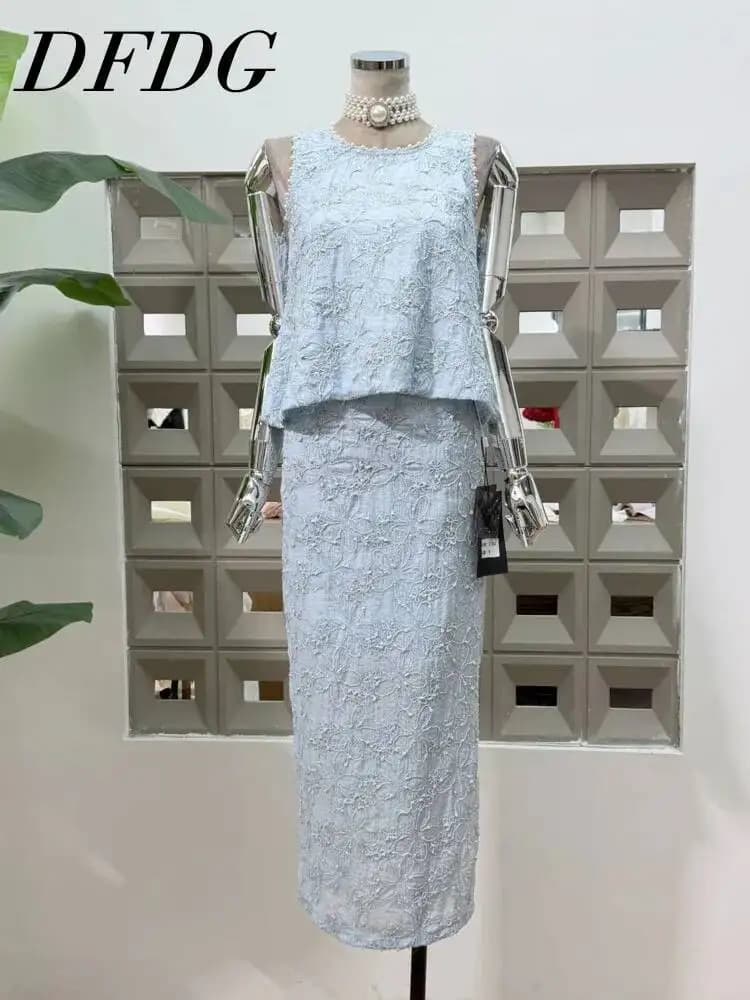 DFDG Women 2026 Spring Summer Lace Two Piece Set Sleeveless Beaded Top High Waist Midi Pencil Skirt Elegant Party Outfit
