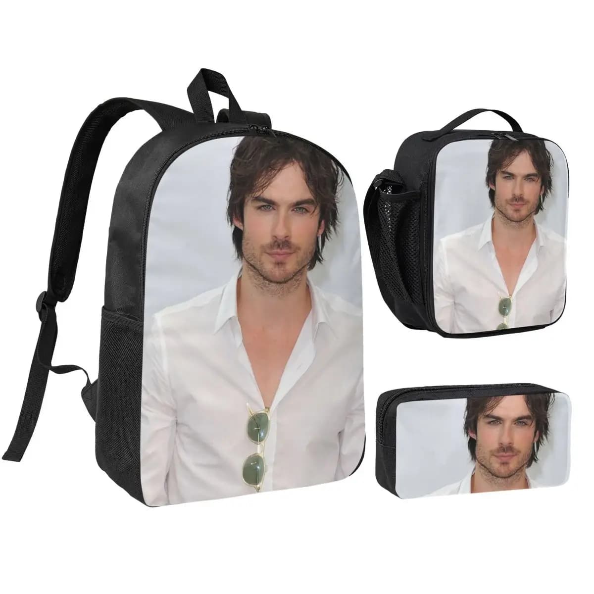 Zaino morbido Ian Somerhalder Damon Salvatore per ragazzi e ragazze, borsa per libri, borsa da scuola, borse a tracolla, 3 pezzi, borsa termica per il pranzo, astuccio per matite