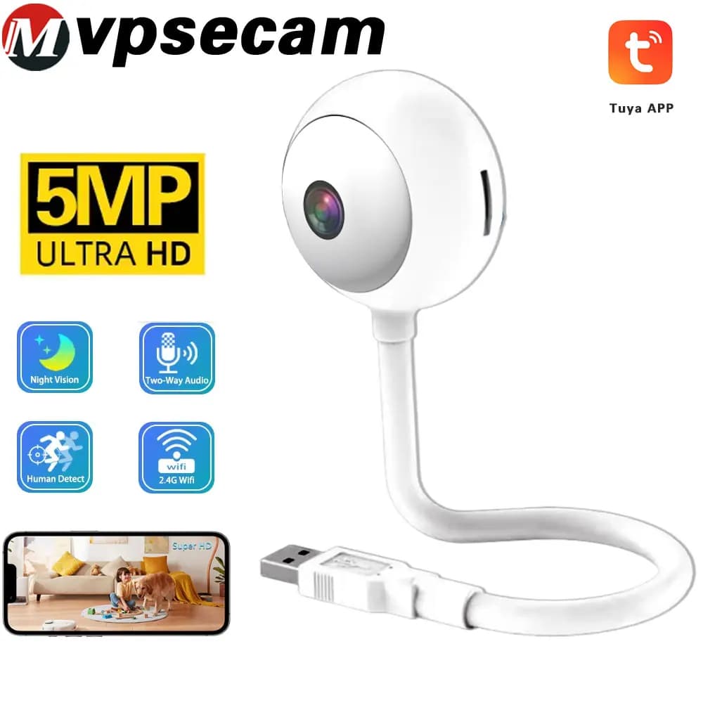 Telecamera Tuya da 5 MP con lampadina USB per il monitoraggio della sicurezza video interna, monitor per visione notturna a colori per neonati e anziani