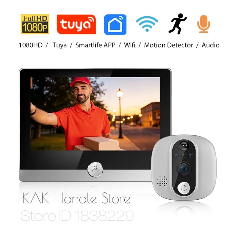 KAK Telecamera per visore porta WiFi Tuya SmartLife APP 1080P Spioncino digitale Visualizzatore oculare Visione notturna Rilevazione movimento PIR Campanello