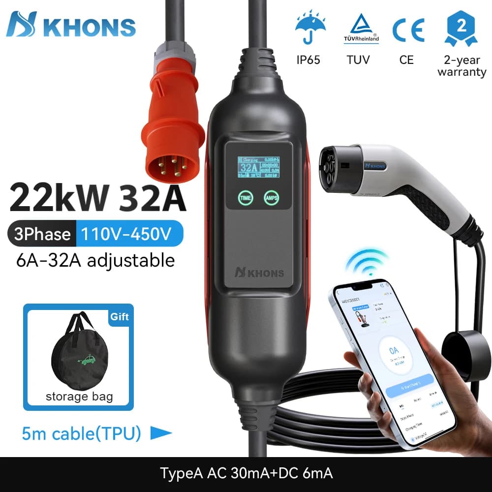 Khons Portable EV Charger Type2 32A 22KW EVSE Three-phase charger Red EEC Plug suitable for charging EV Control cable WIFI-APP 5M