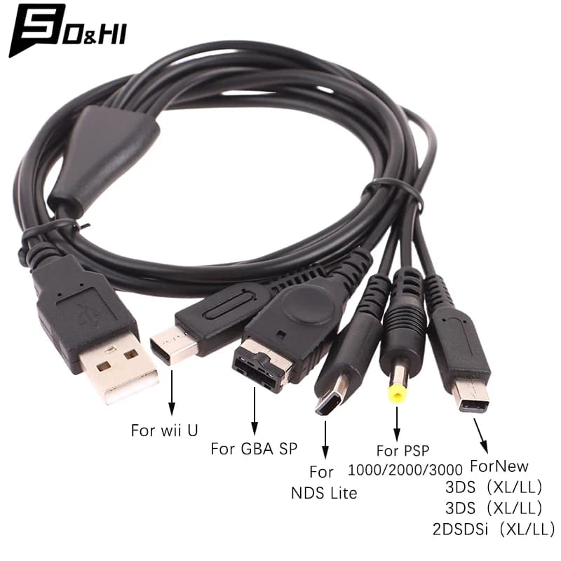 1Pcs 1.2M Cable Fast Charging Cable 5 In 1 USB Game Charger Cord Wire For New 3DS XL NDS Lite NDSI LL Wi I U GBA PSP
