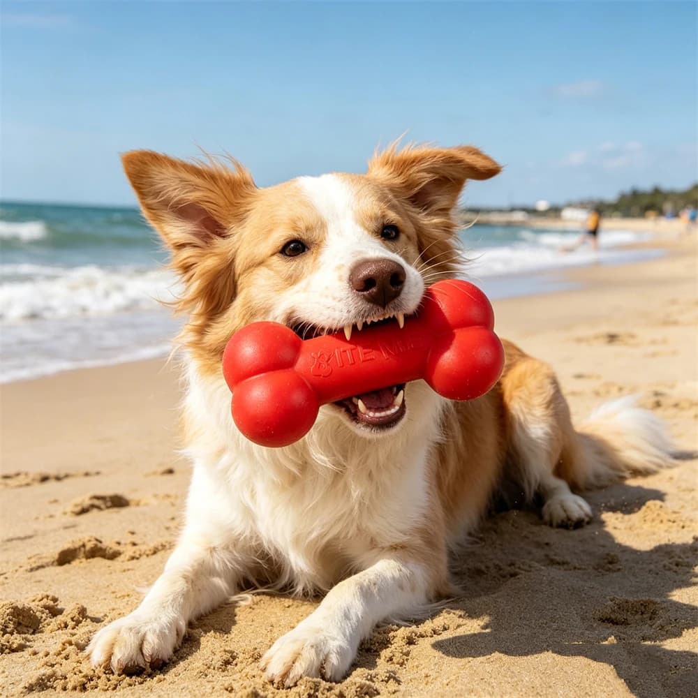 Red TPR Bone Dog Chew Toy Indestructible Teeth Cleaning Toy for Aggressive Chewers Medium Large Dogs Training Supplies