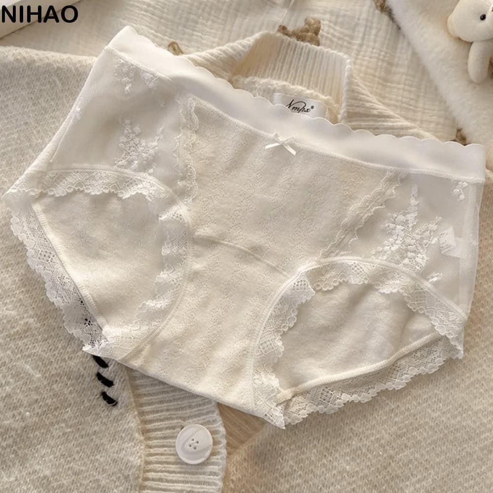 Cute Mid-waist Mesh Lace Underpants Cotton Bow Seamless Briefs Sweet Thin Women Underwear Girl