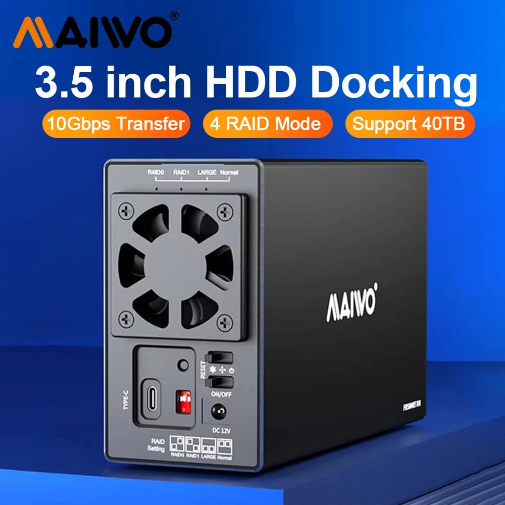 MAIWO Custodia di archiviazione RAID SATA da 3,5 pollici Docking station per disco rigido Dual Bay a USB 3.1 Type-C 10 Gbps Supporto modalità RAID 0/1