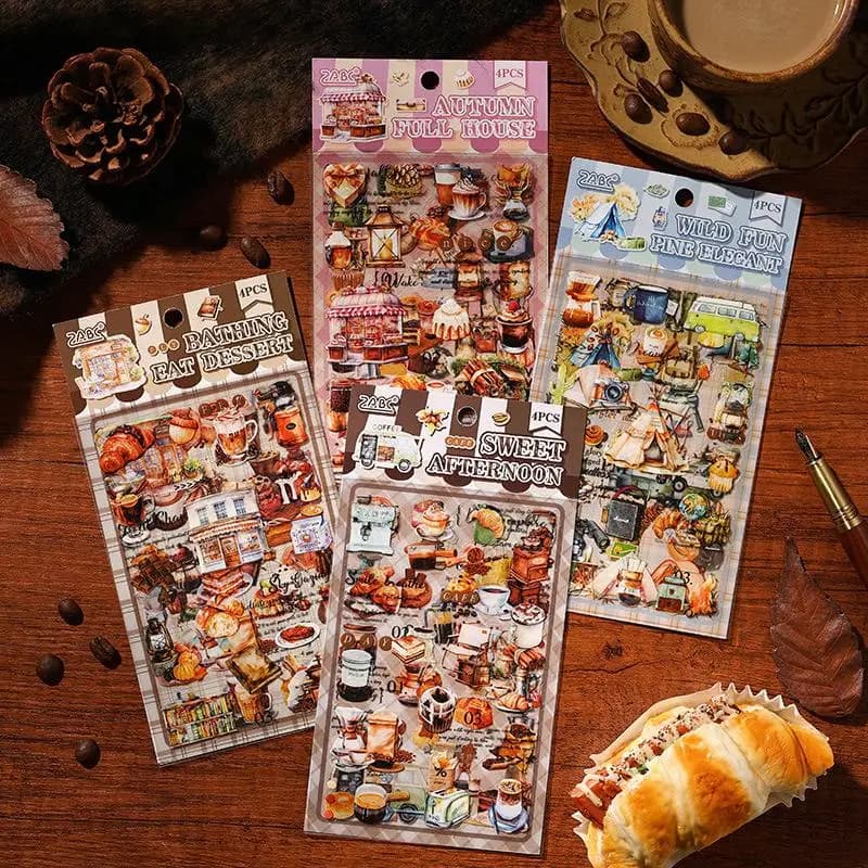 Confezione di adesivi 4 fogli/borsa Dessert Cibo Adesivi piatti Scrapbook Fai da te e pianificatore Decorazione per custodia del telefono Notebook