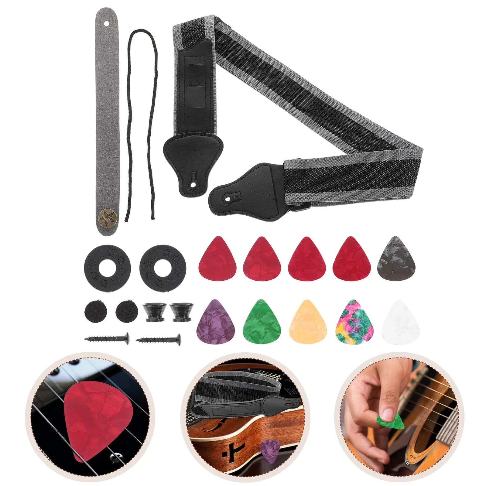 1Set Guitar Strap Set Dirt-Resistant Adjustable Nylon Belt for Folk Electric Acoustic Guitar Shoulder Protective Picks