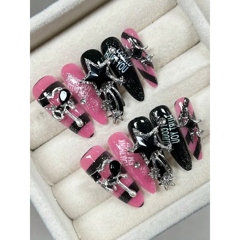 10 pieces of long water drop nails with almond tip, handmade, in european and american style, with striped sequins for nail art, fine glitter.