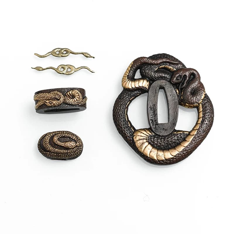 Samurai Sword Snake Tsuba Set Brass Plated Katana Guard with Fuchi Kashira Menuki,DIY- Custom Sword Accessories