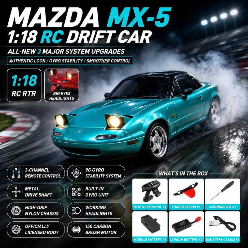 Auto RC Drift 1:18 Miata MX-5 2026 LD1804 Versione Gyro RTR con Fari LED e Lingua Divertente, Auto Telecomandata 2.4G