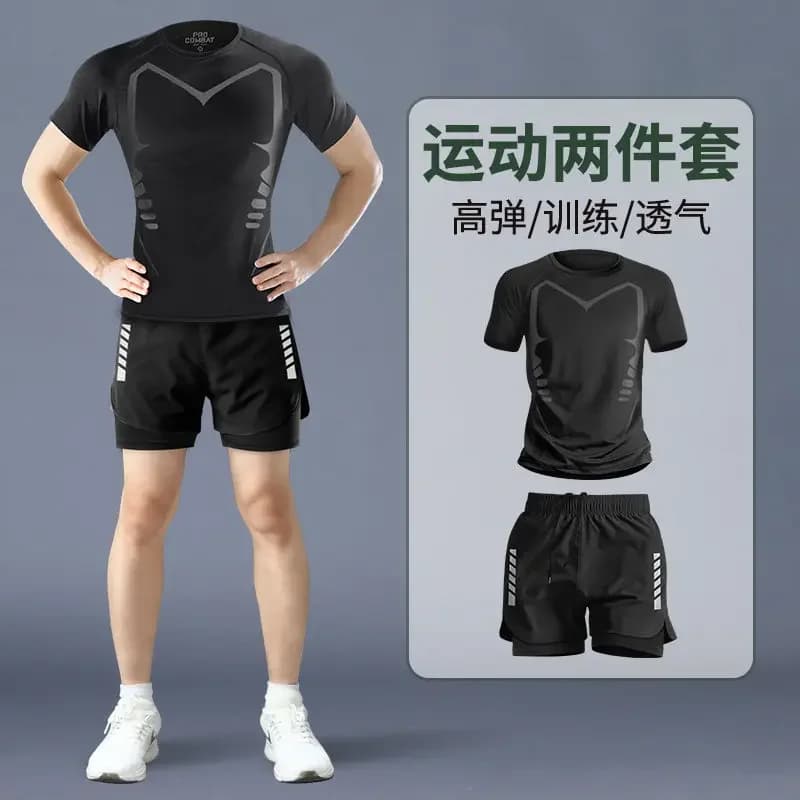 Set da Allenamento a Compressione 2 Pezzi per Uomo - T-Shirt e Pantaloncini Aderenti ad Asciugatura Rapida per Palestra, Basket, Corsa e Ciclismo