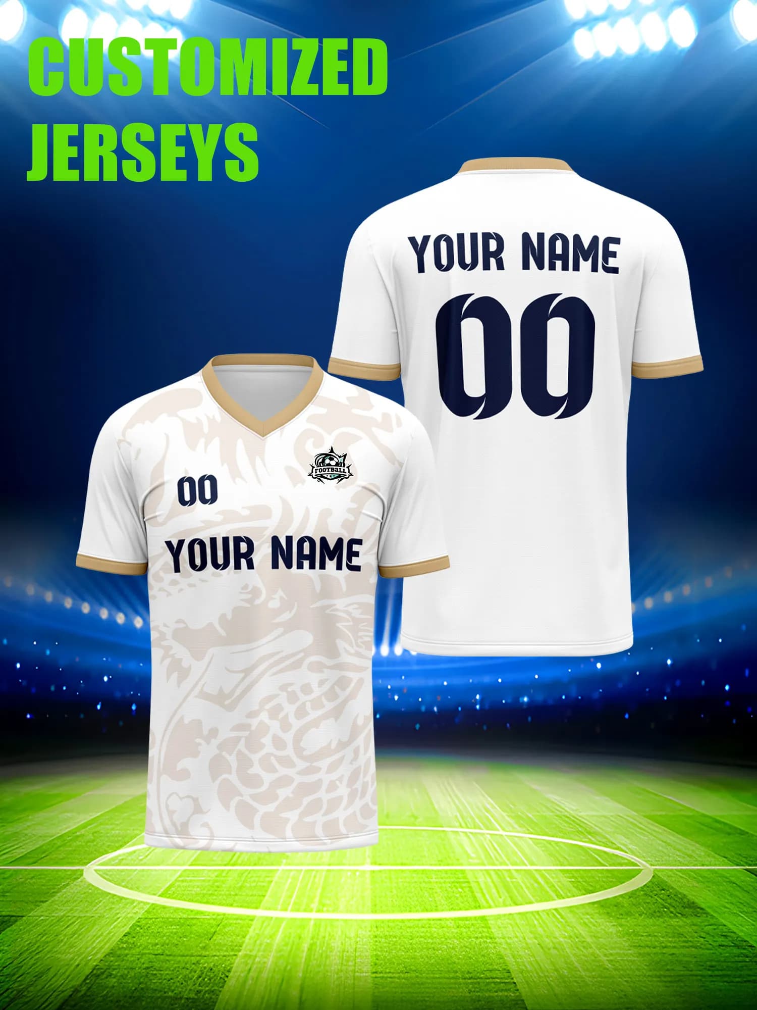 Customized football jersey with image, number and custom name, coordinated football uniform for adults and children