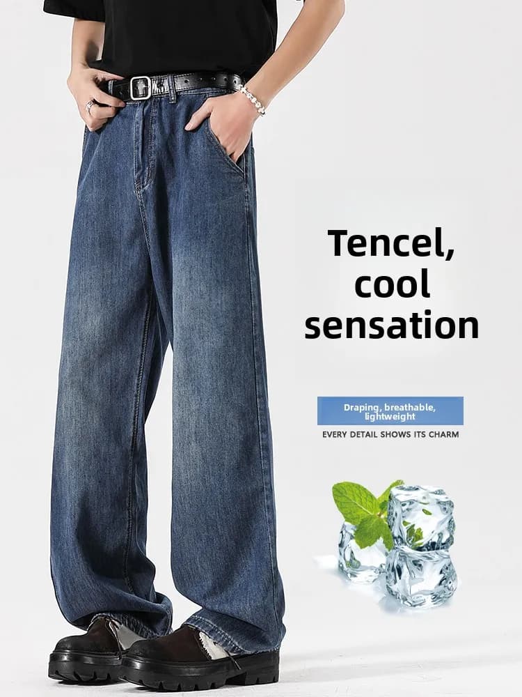 Jeans da uomo estivi sottili, a gamba dritta larga, in Lenzing, pantaloni lunghi casual giovanili a vita media
