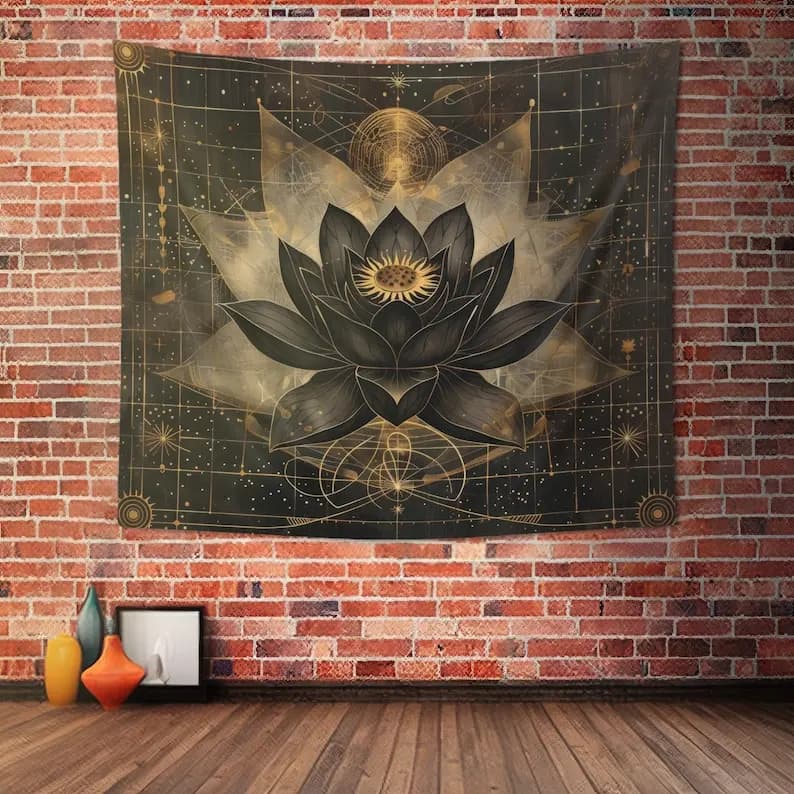Lotus Tapestry Wall Art Bohemian Home Decor Spiritual Black Gold Mandala
