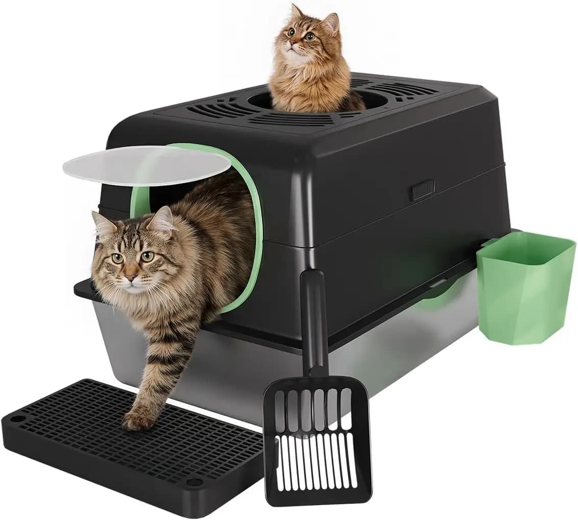 Lettiera per Gatti XL in Acciaio Inossidabile con Coperchio, Design Chiuso a Bordo Alto con Ingresso Superiore, Grande Lettiera Metallica per Gatti Equipaggiata