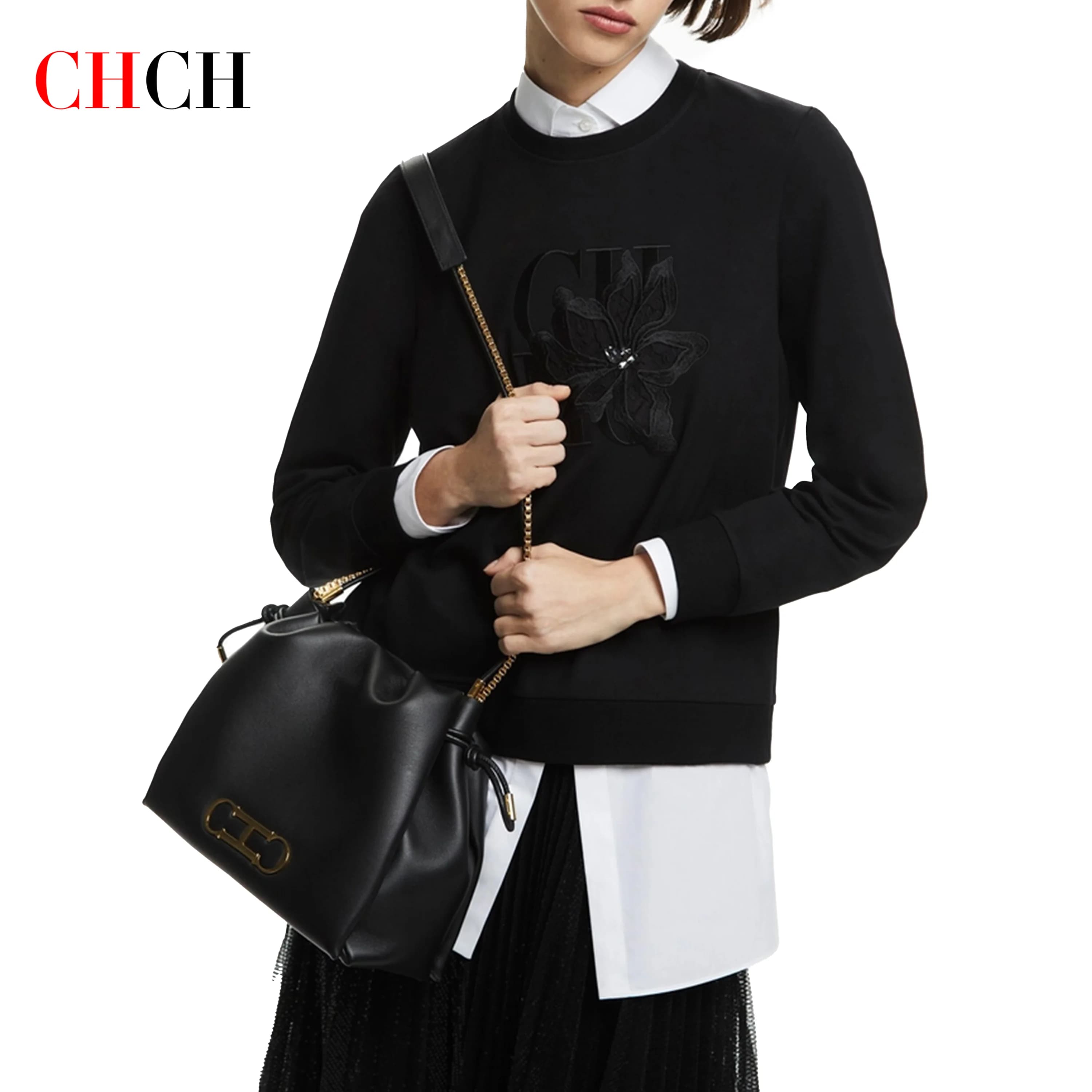 Felpa con cappuccio da donna CHCH Nuovo top da donna ricamato girocollo nero