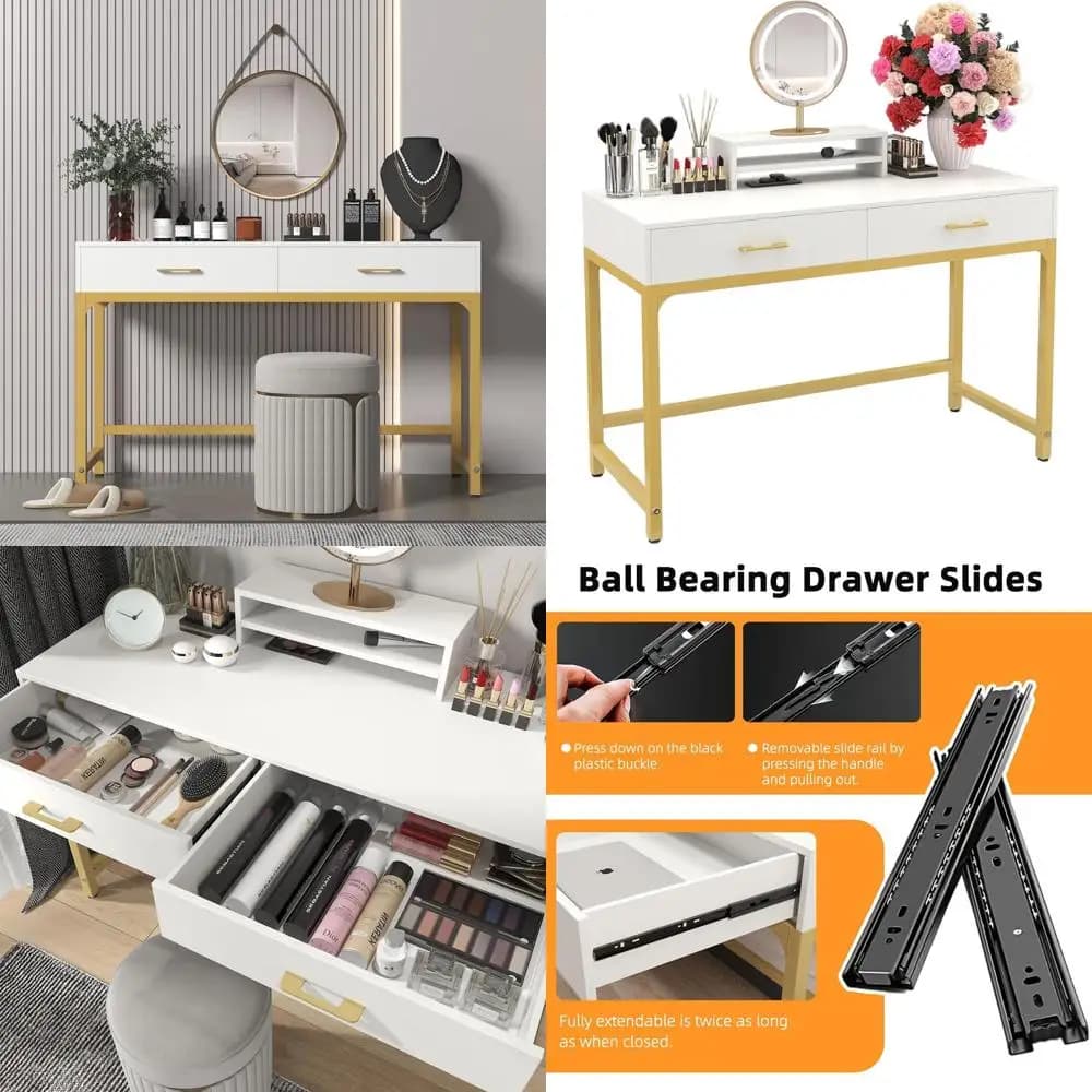 White wooden makeup toe with 2 drawers, height adjustable monitor support and storage shelf - Ideal for bedroom or house