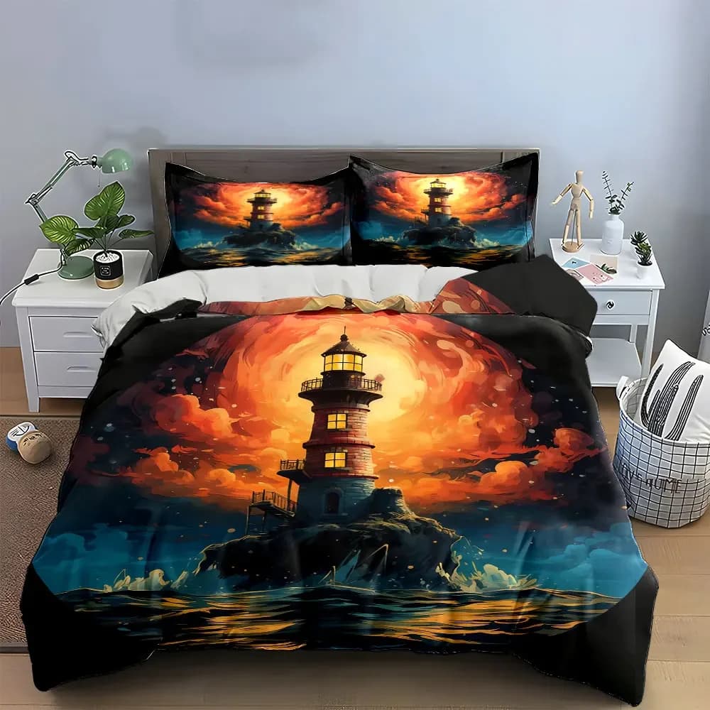 Set di biancheria da letto con copripiumino morbido e confortevole Ocean Lighthouse Art Decor, include 1 copripiumino e 2 federe, idea regalo