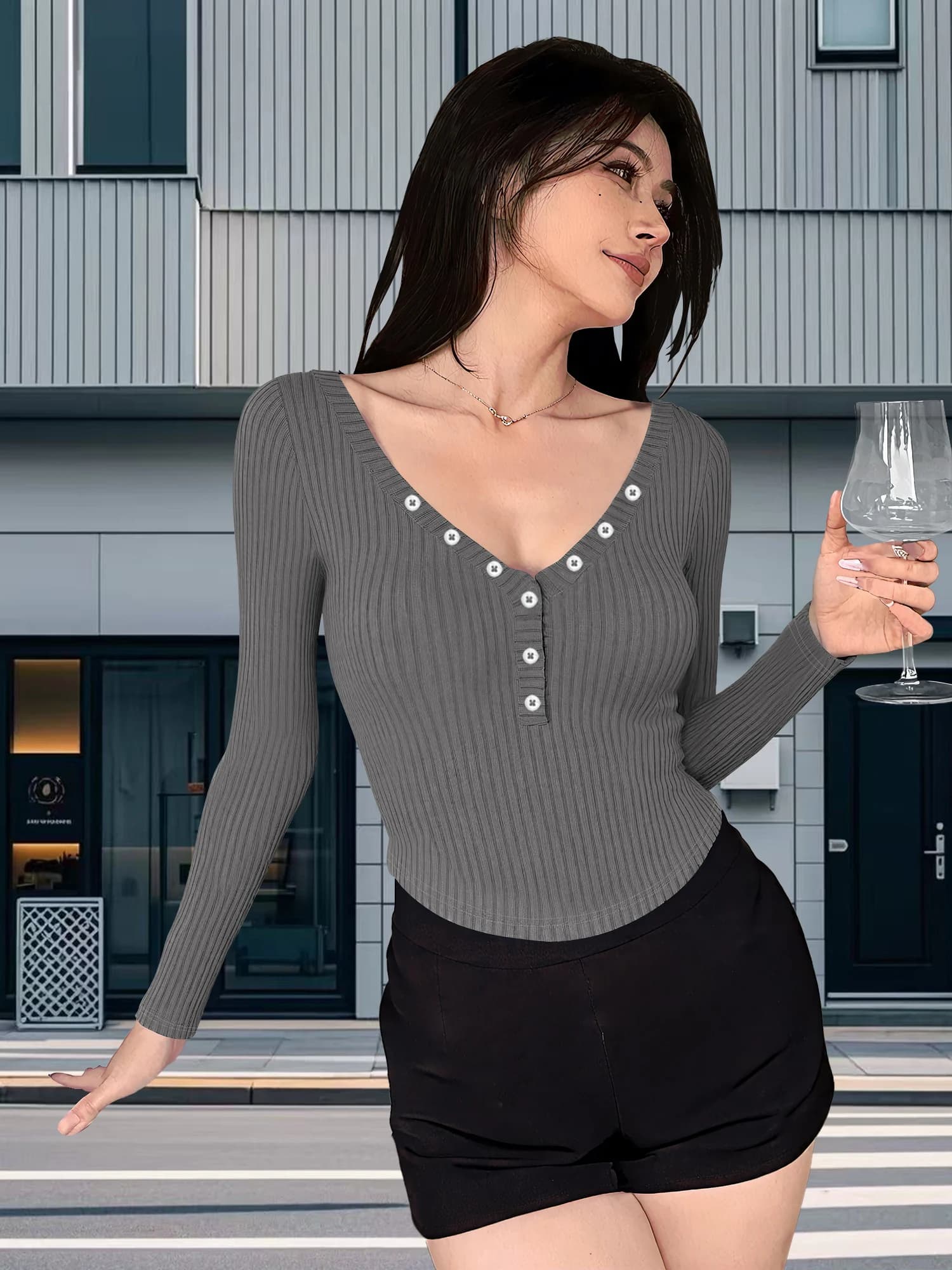Elevated Work‑Wear Knit Long‑Sleeve Top, V‑Neck Henley Slim‑Fit Shirt for Business‑Casual Office Attire