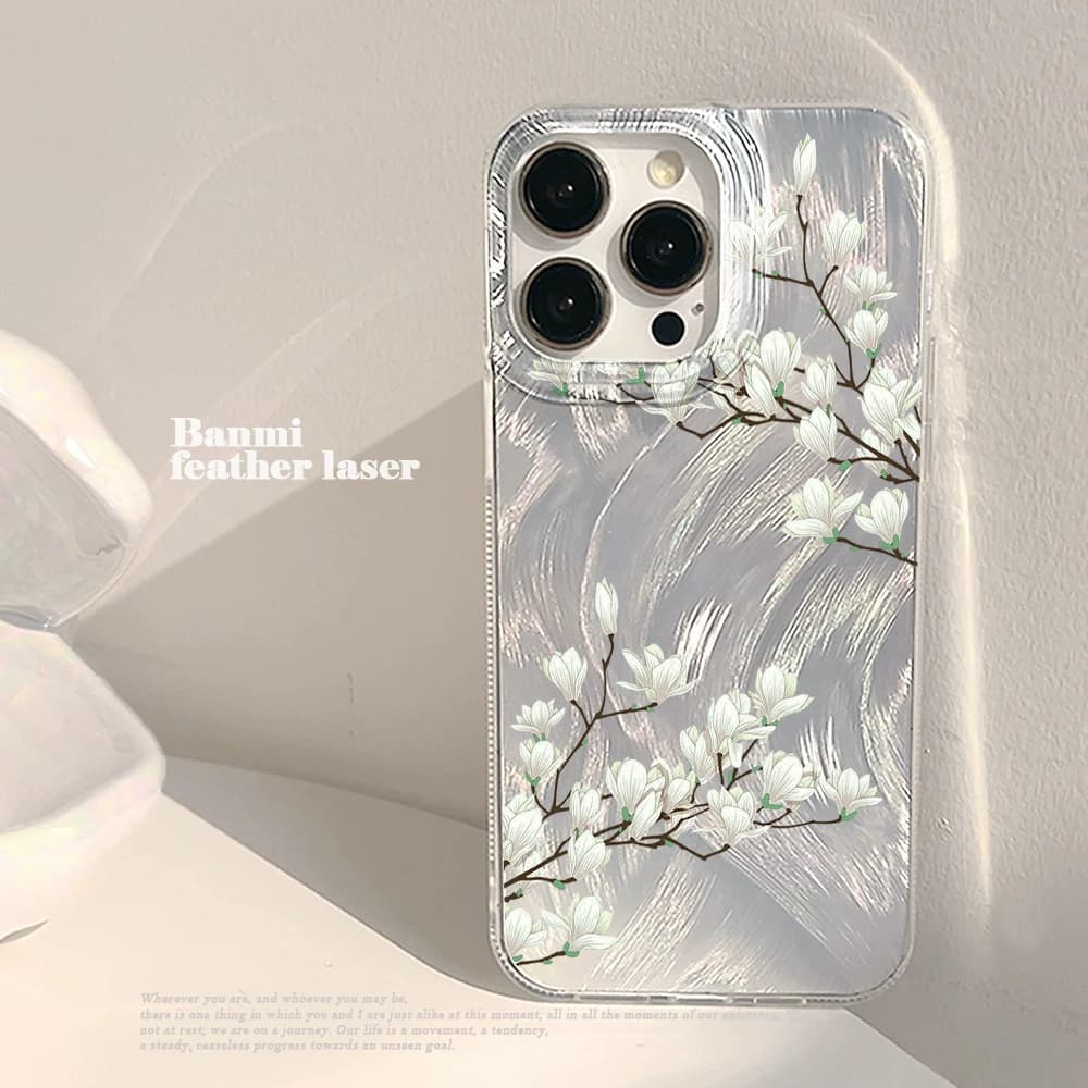 Feather Texture Hard Matte Phone Case For iPhone 17 16 Pro Max 14 15 Pro 11 13 12 Pro Max 8 7 Plus 17E XR Magnolia Flower Cover
