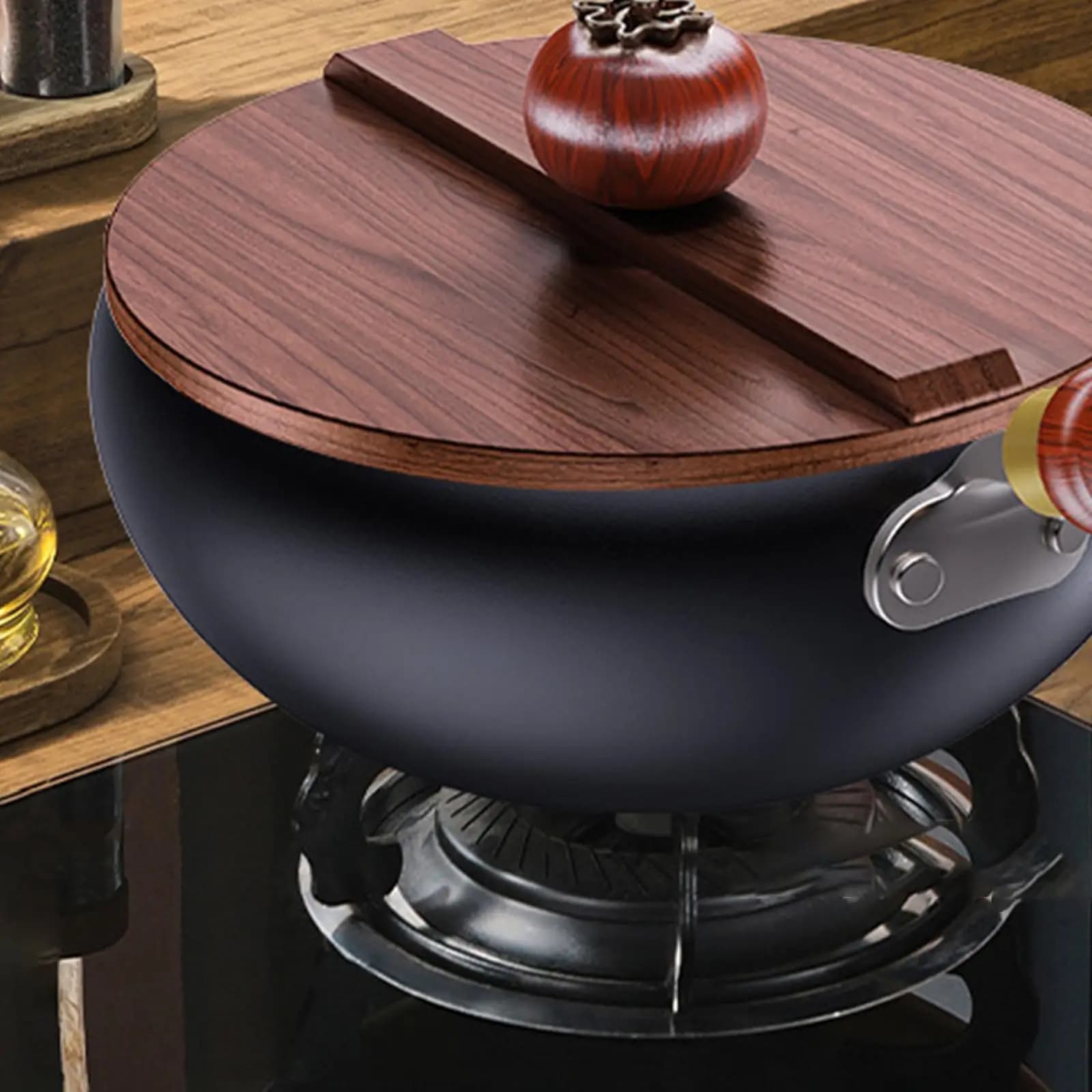 Easy to clean iron Wok pan, Flat bottom, Non-coated, with Wood cover