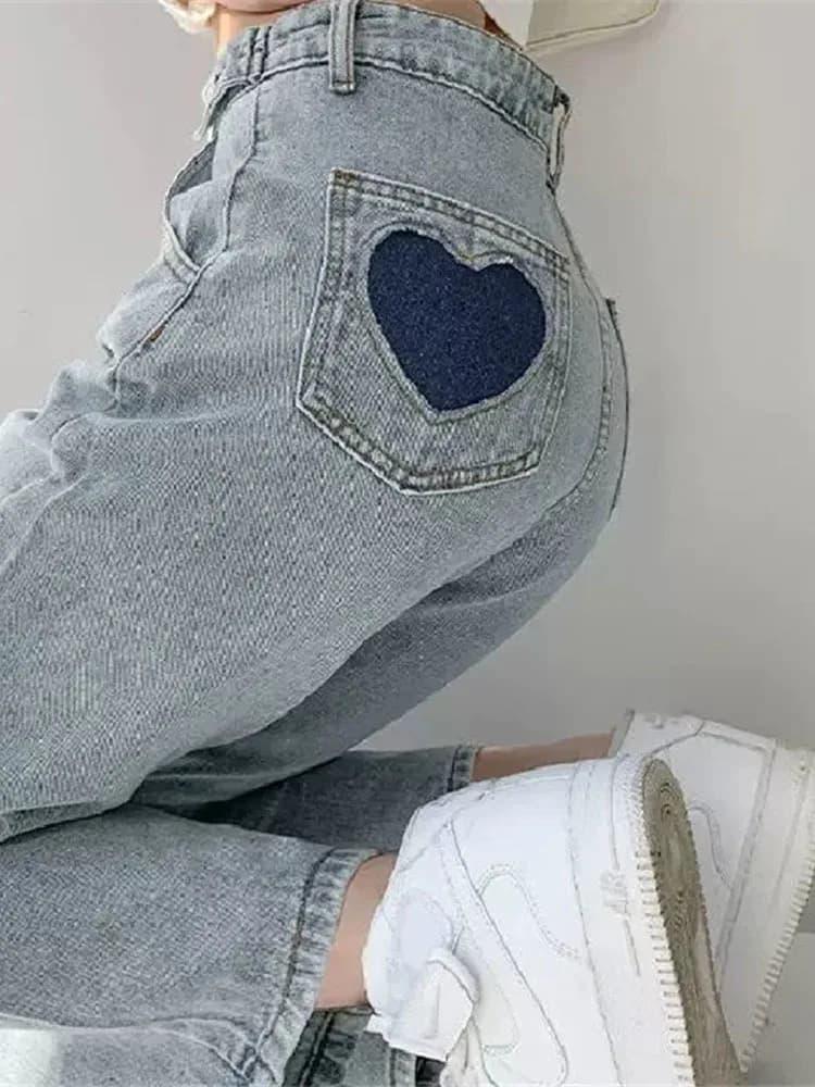 "Jeans Heart Hollow Student Denim Vintage High waist All - match Loose Women Streetwear Pants Full length Loose Soft Simple "
