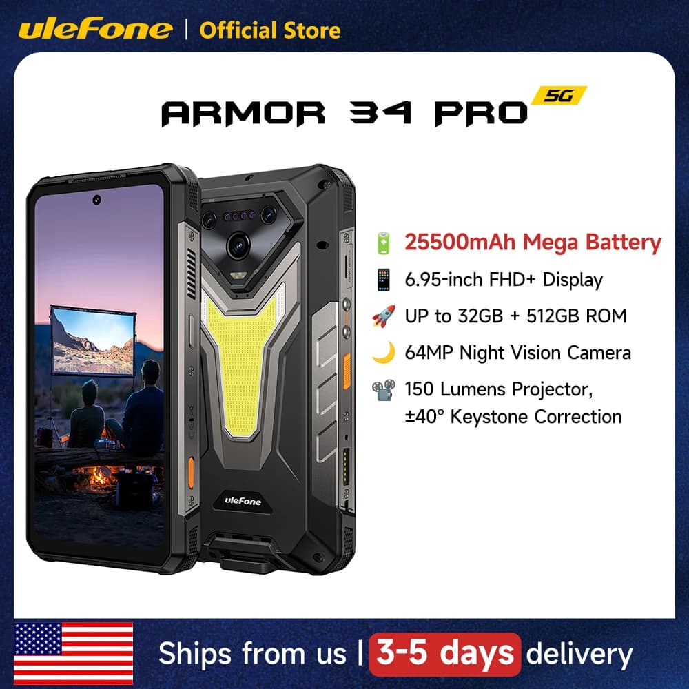 Telefono robusto Ulefone Armor 34 Pro 5G AI 6,95" 25500mAh Fino a 32 GB + 512 GB Proiettore incorporato Smartphone NFC 120 Hz