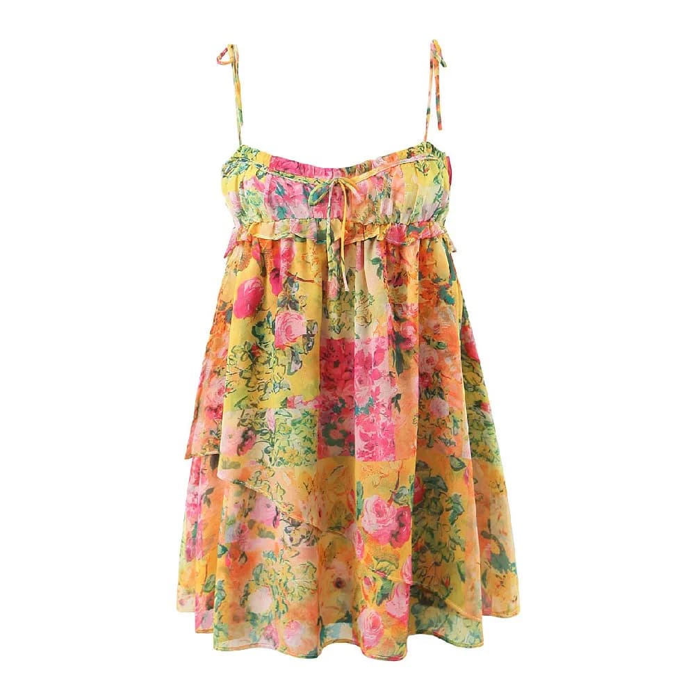 Abito da donna con allacciatura a fiocco abito da vacanza BOHO con arricciatura sul petto con stampa floreale arancione Mini abito con spalline sottili
