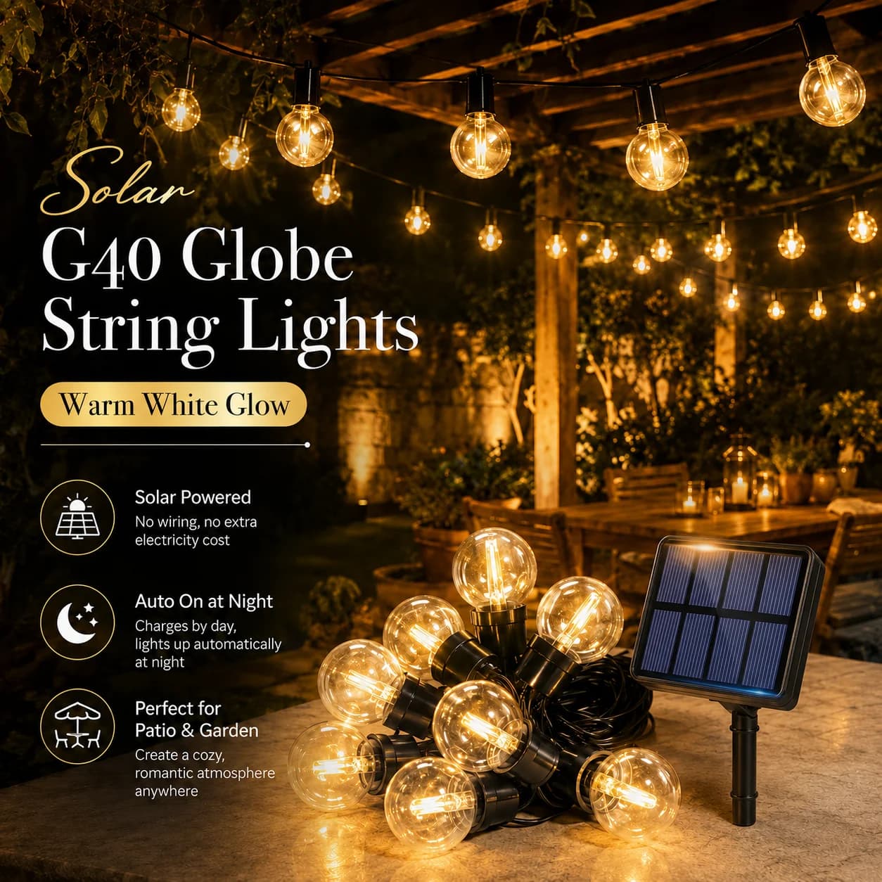 Solar Globe String Lights Warm White LED Outdoor Garden Patio Edison Bulb Lights for Pergola Balcony Party Wedding Decoration
