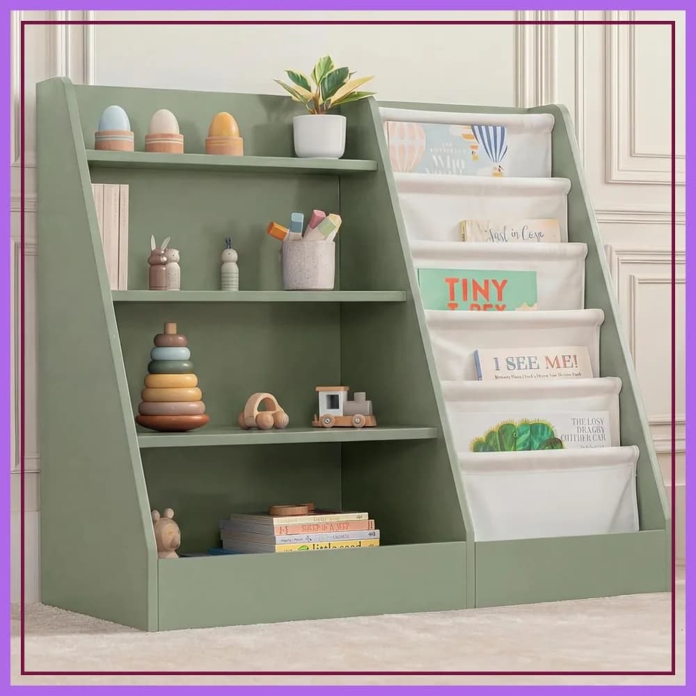 Libreria per bambini 35,2x15,7x31,5 pollici, scaffale in MDF con ripiani morbidi e rigidi per giocattoli e libri, organizer per riporre oggetti con facile accesso per bambini, verde salvia