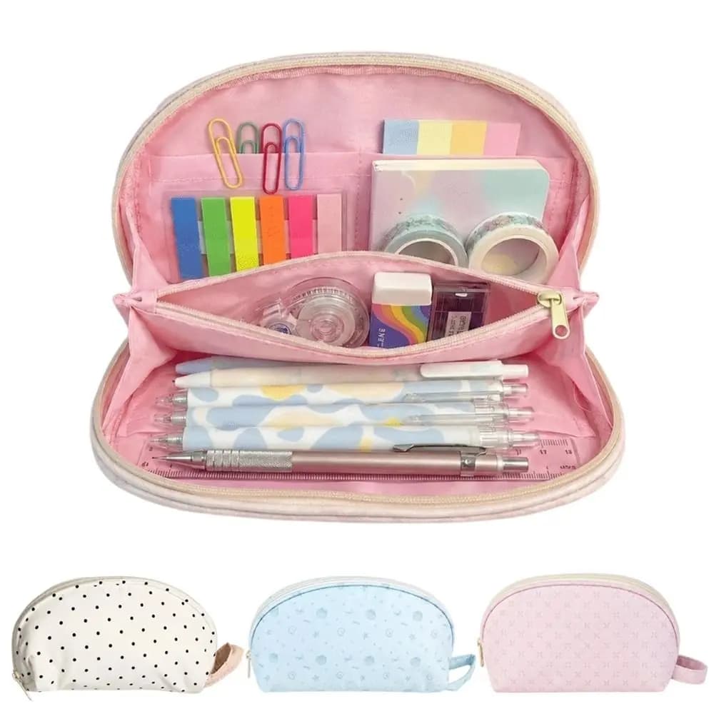 Durable Polka Dot Pattern Pencil Case Handheld Design Large Capacity Pen Bag Stationery Bag School Supplies