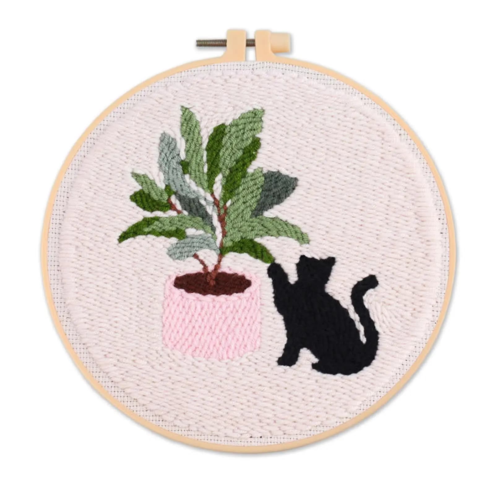 DIY Punch Needle Embroidery Starter Kit for Kids Adults Beginners, Cartoon Cat and Green Plant Pattern Fabric with Embroidery Hoop Punch Needle Craft Kit 65218#