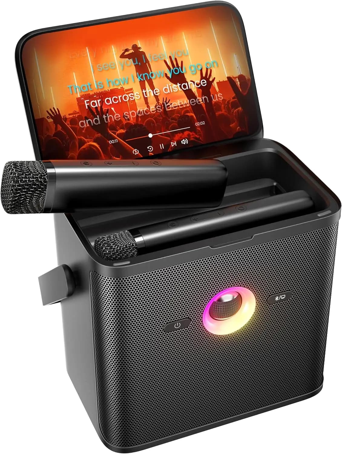 Macchina Karaoke Portatile con Schermo per Testi, WiFi, YouTube e App, 2 Microfoni Wireless per Feste in Casa e Campeggio