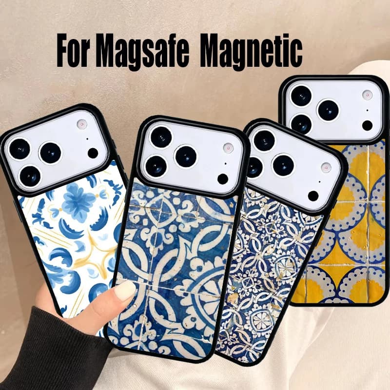 Cover per iPhone con stampa piastrelle portoghesi per iPhone 17 Air 16e 15 14 13 12 11 Pro Max Plus, Cover Magnetica Wireless Magsafe
