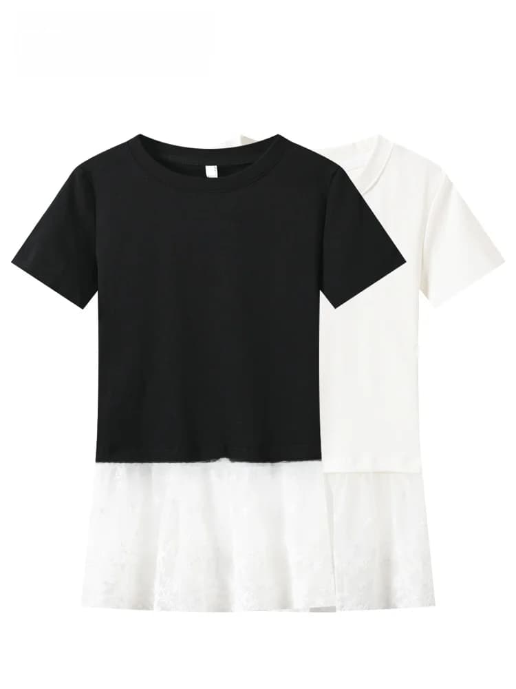 Summer New Style Lace Splicing Short Sleeve T-Shirt Women's plus Size Base Layer Top Casual Loose Fit Cotton round Neck
