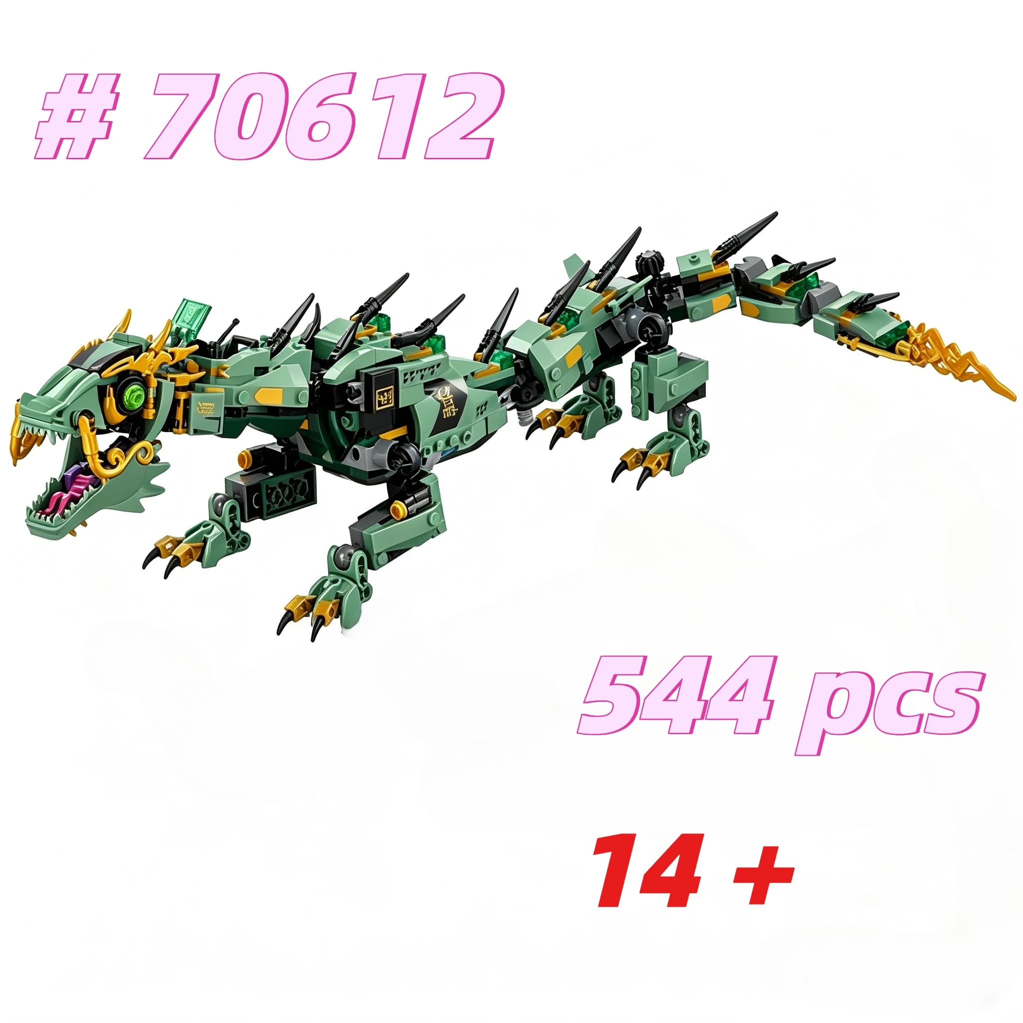 Set di blocchi da costruzione Green Mechanical Dragon 70612, adatti per regali di compleanno, compatibili con particelle Legoed, 544 pezzi.