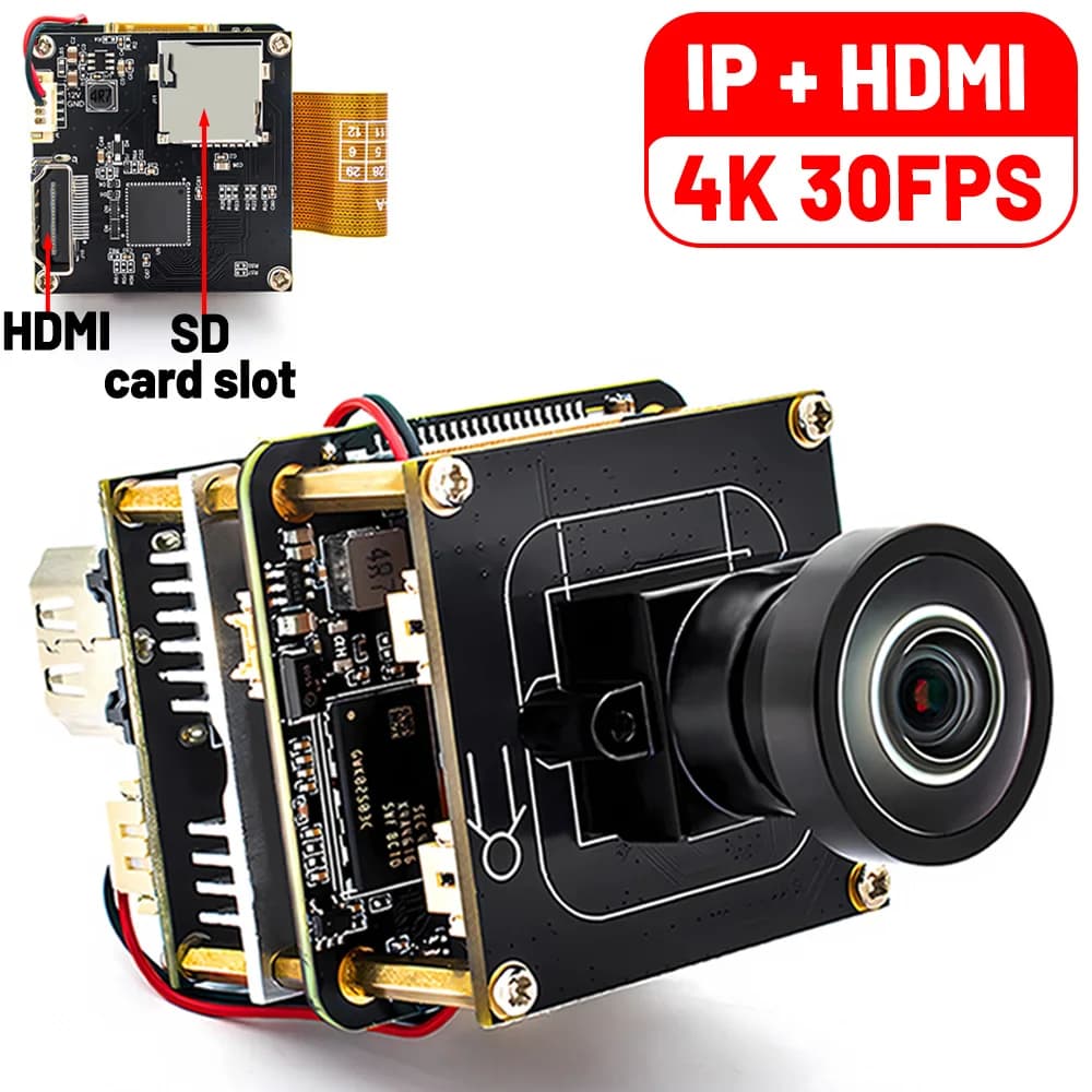 Full HD 1080P HDMI IMX678 4K 30FPS IP Camera Module with No Distortion and Slots for SD Card, Live RTSP Streaming, PC Webcam