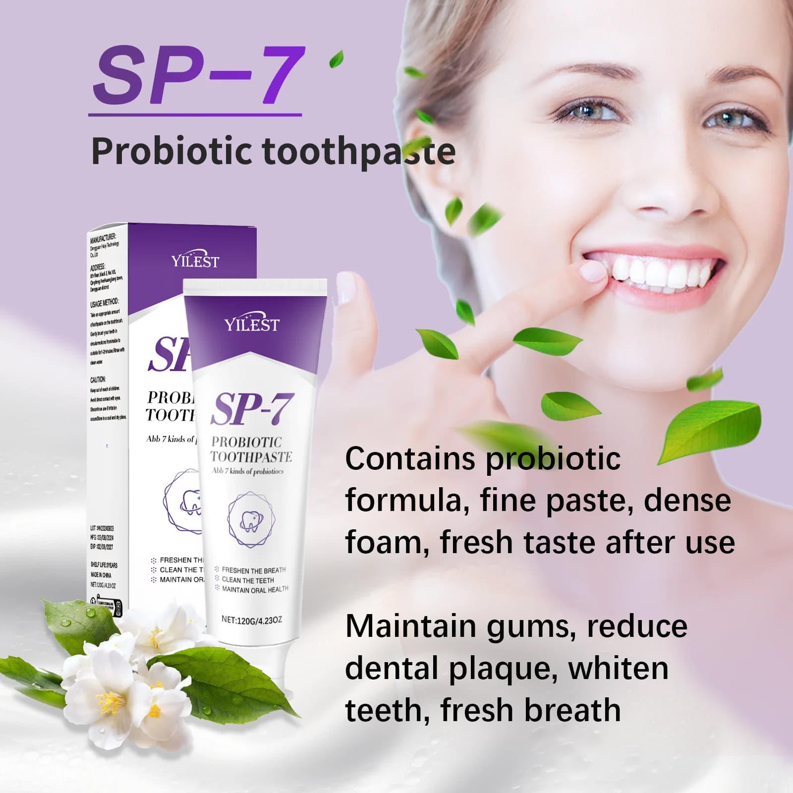 SP-7 Dentifricio probiotico Sbiancare i denti Rimuovere le macchie di placca Igiene orale Pulito Alito fresco Proteggi le gengive Prodotti per la cura dei denti 120g