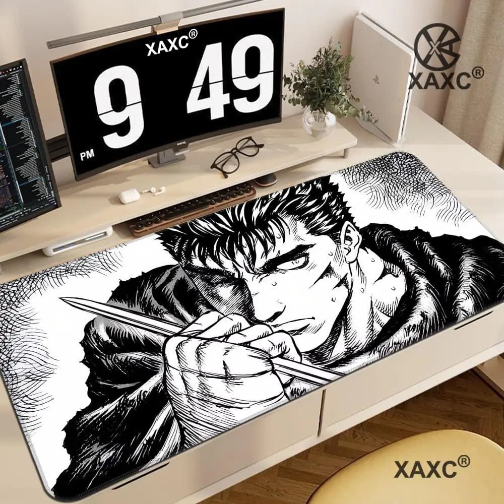 Tappetino per mouse anime bianco e nero, spada di Guts in Berserk, tappetino per giocatori, accessori per giochi per computer, tastiera, mouse per laptop, tappetino da scrivania XAXC