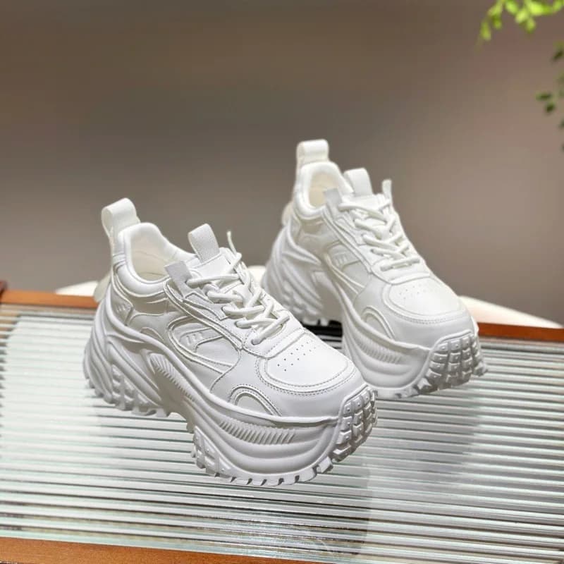 Thick-soled Genuine Leather White Shoes Women Skate Shoes Height Increase 8CM Fashion Casual Chunky Sneakers