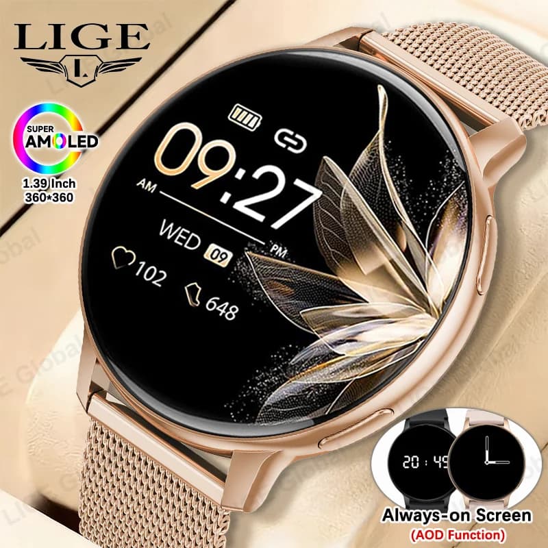 LIGE 1.39" AMOLED BT Call Smart Watch Women Custom Dial Always-On Display Men Fitness Tracker Heart Rate Watches For Android IOS