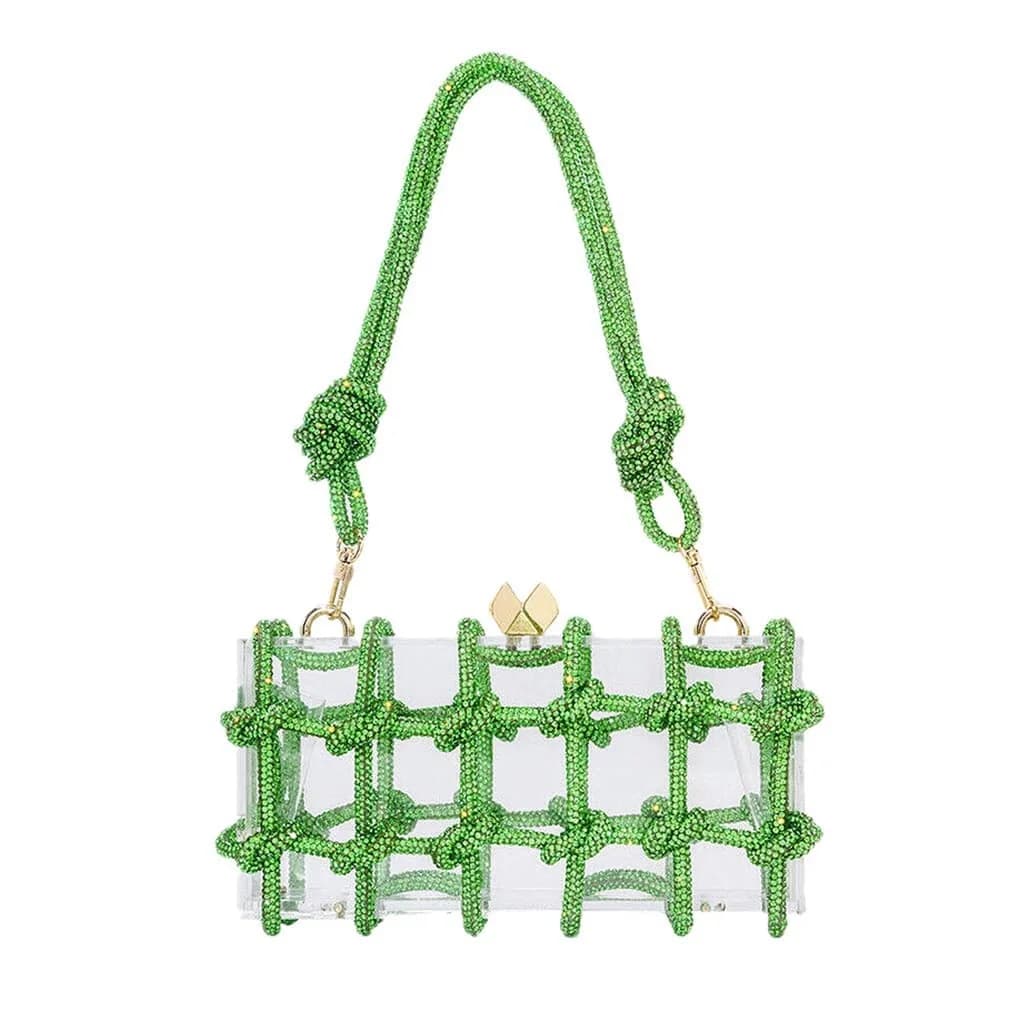 Sparkly Green Rhinestone Acrylic Clutch Clear Box Evening Bag Rope Knot Handbag For Casual Formal