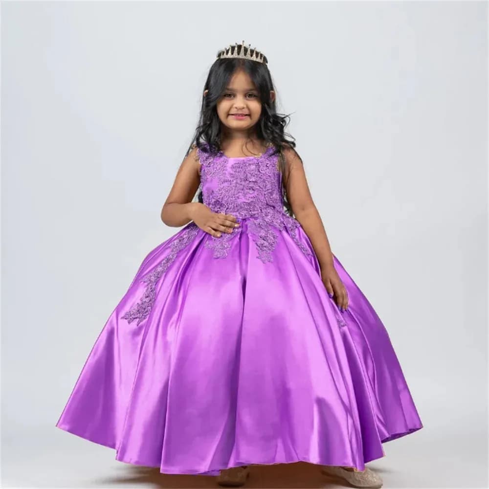 Abito da ragazza di fiore viola con stampa di lusso, senza maniche, girocollo, marrone, con schiena che perde, eleganti abiti da banchetto di compleanno per bambini
