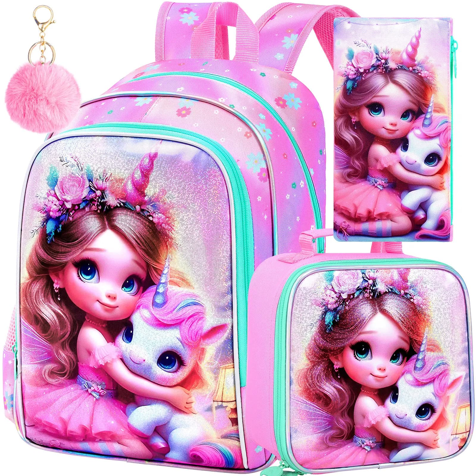 Set di 3 Zaini Unicorno per Bambine, Zaino da 16 Pollici con Porta Pranzo, Borsa Scolastica Resistente all'Acqua per Scuola Elementare e Asilo