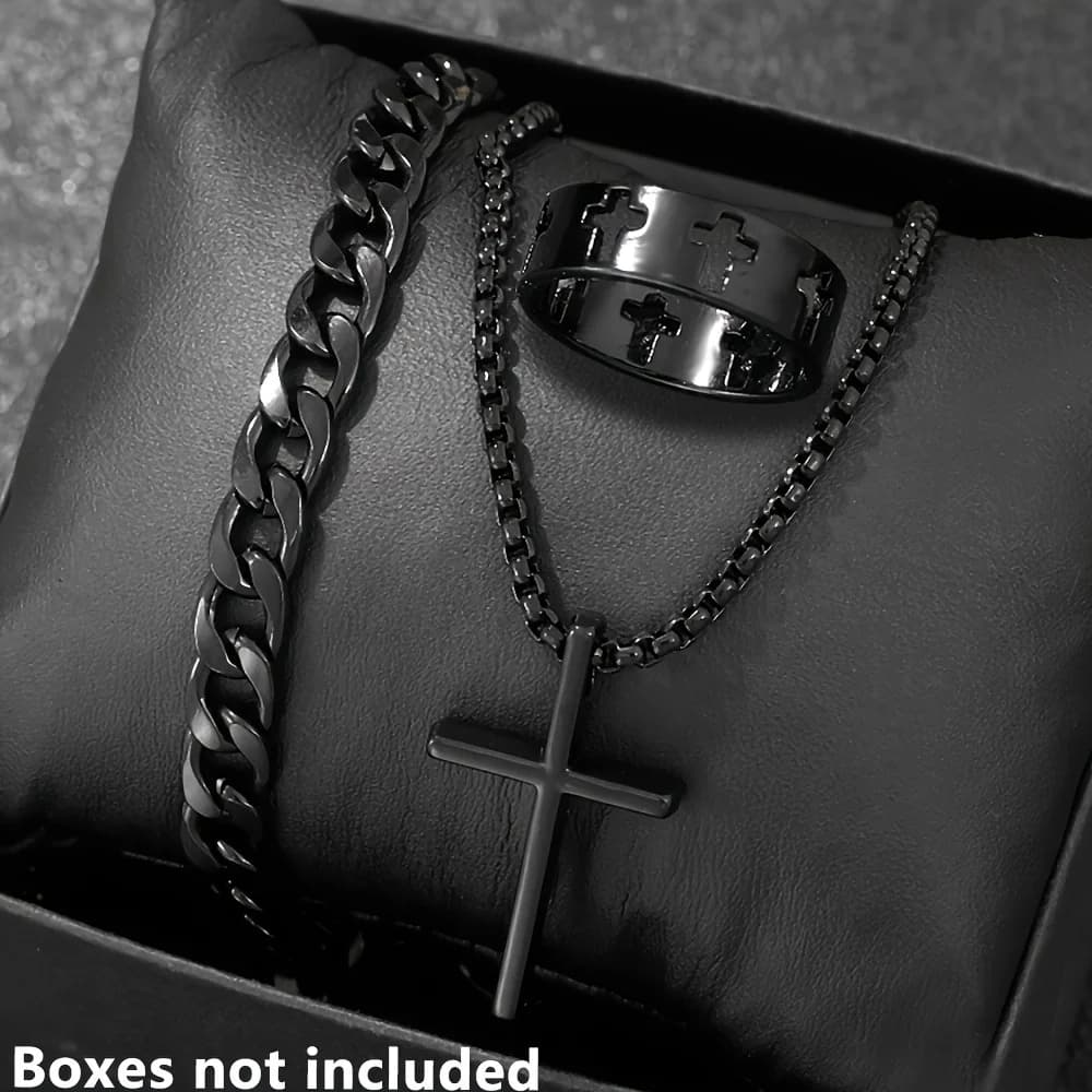 3 piece fashion alloy men's jewelry set: necklace with cross pendant, bracelet and combined ring