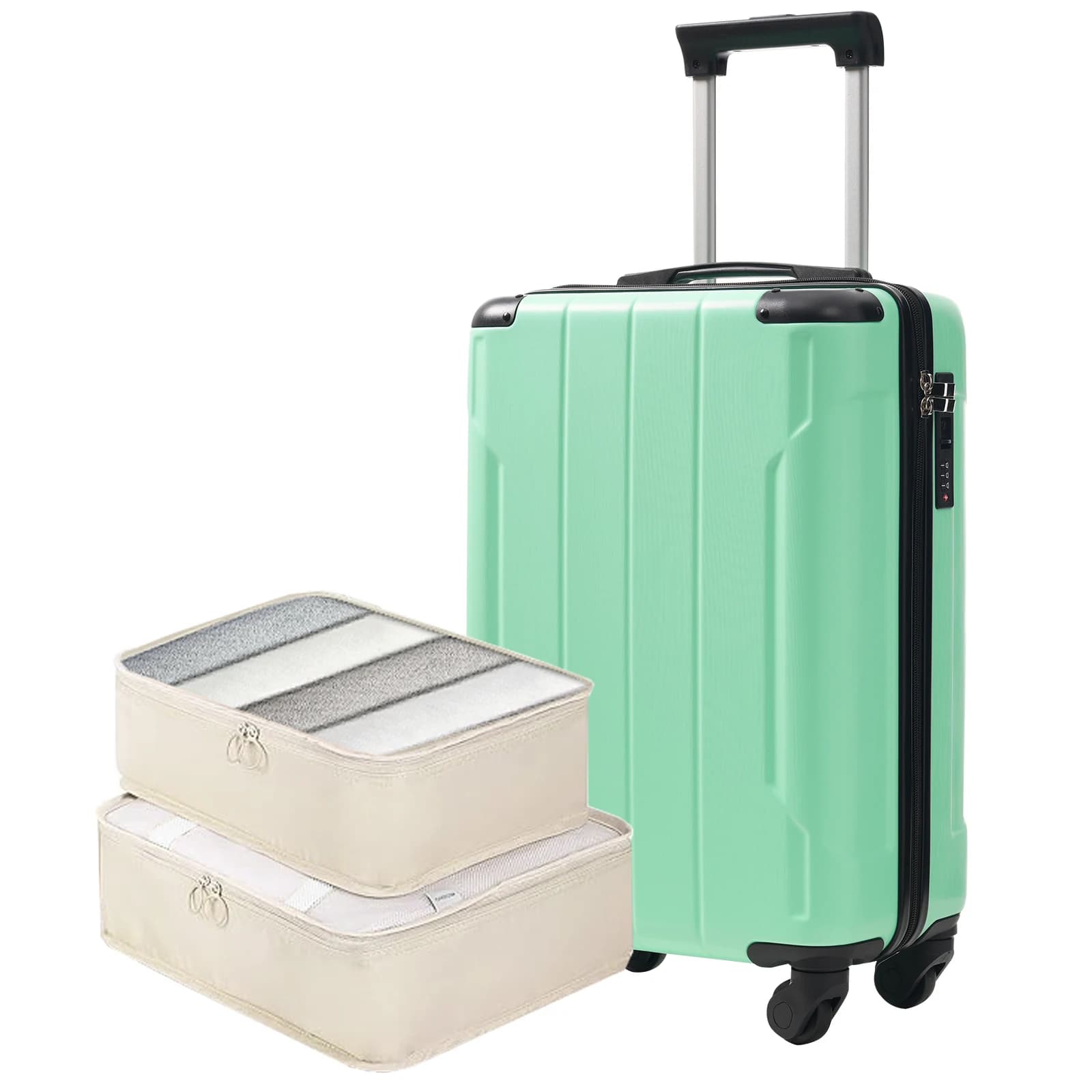 Valigia rigida da 20 pollici, bagaglio a mano leggero e resistente in ABS con ruote girevoli, lucchetto TSA integrato, 2 cubi organizer, verde