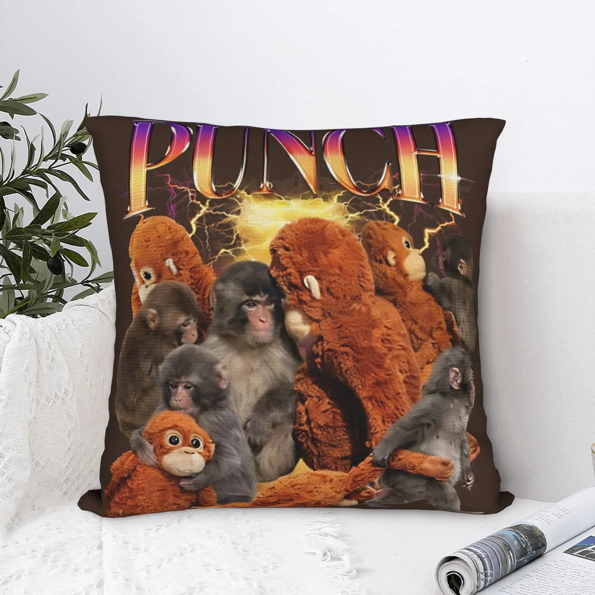 Team Punch Monkey square cushion cover in polyester, for sofa, with monkey holding a plush, vintage style