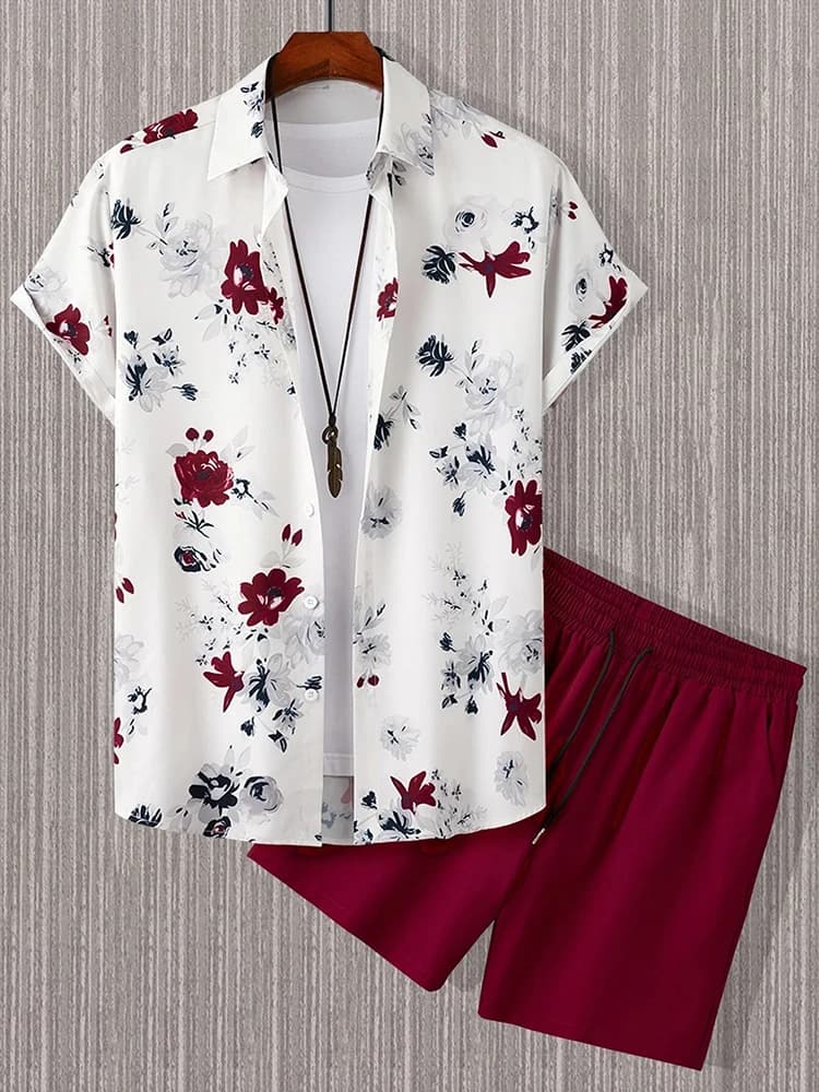 Set Camicia a Maniche Corte e Pantaloncini da Spiaggia per Uomo Stile Hawaiano, Moda Estiva per Vacanze